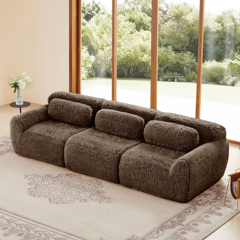 Plush Fabric Sectional Sofa Chocolate Modular With Ottoman & Pillows