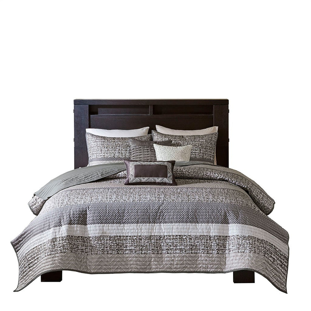 6 Piece Reversible Jacquard Quilt Set with Throw Pillows Grey/Taupe Full/Queen Media 9