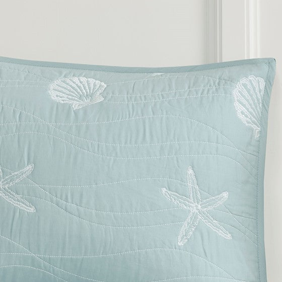 4 Piece Cotton Reversible Embroidered Quilt Set with Throw Pillow Aqua Full/Queen Media 11