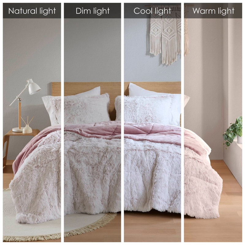 3 PCS Full/Queen Shaggy Faux Fur Comforter Mini Set Pink/White