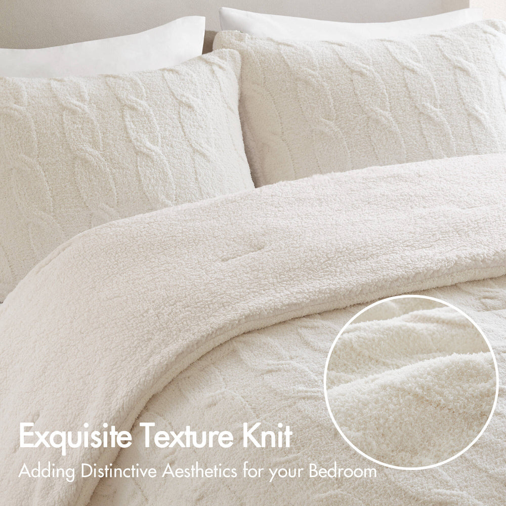 3 Pieces Full/Queen Cable Knit Chenille Comforter Set,Ivory Media 5