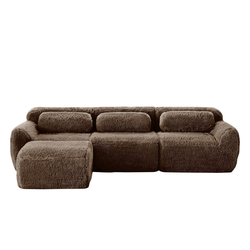 L-Shaped Sofa Plush Fabric With Movable Ottoman & Throw Pillows Chocolate