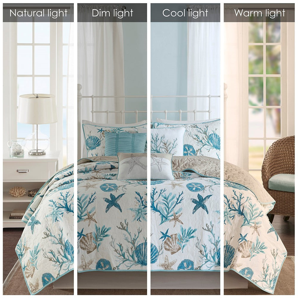 6 Piece Cotton Sateen Quilt Set with Throw Pillows Aqua Full/Queen Media 12