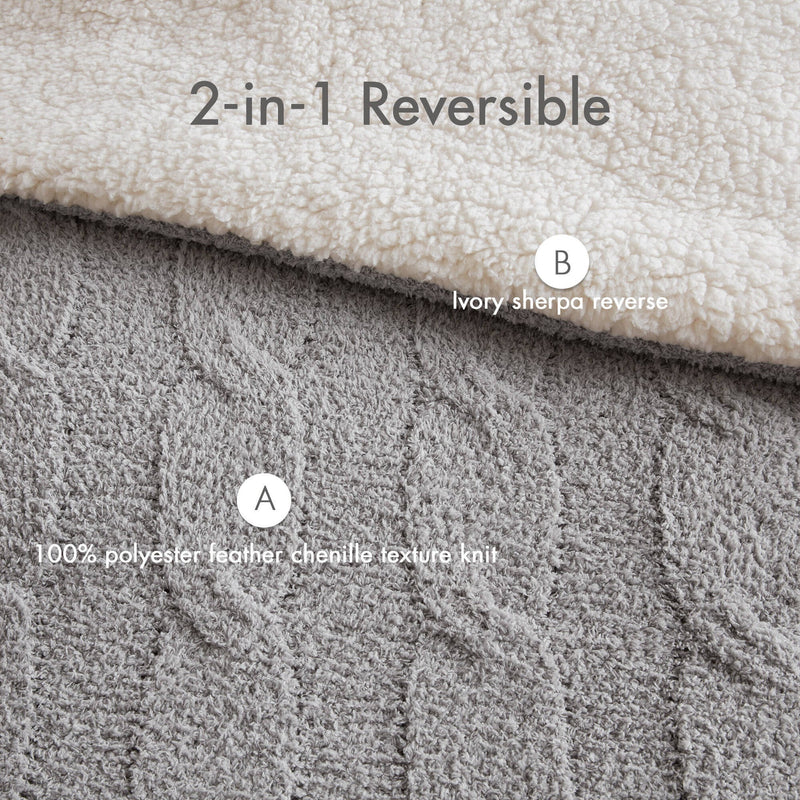 2 Pieces Twin Cable Knit Chenille Comforter Set,Gray