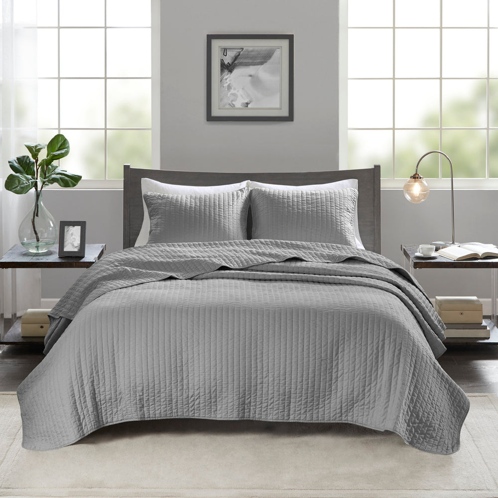 3 Piece Quilt Set Grey Full/Queen Media 8