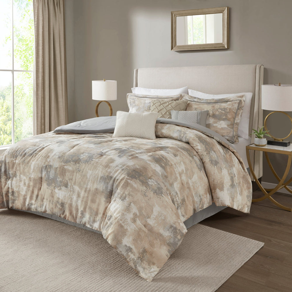 7 Piece Textured Cotton Blend Comforter Set Gray Queen Media 1