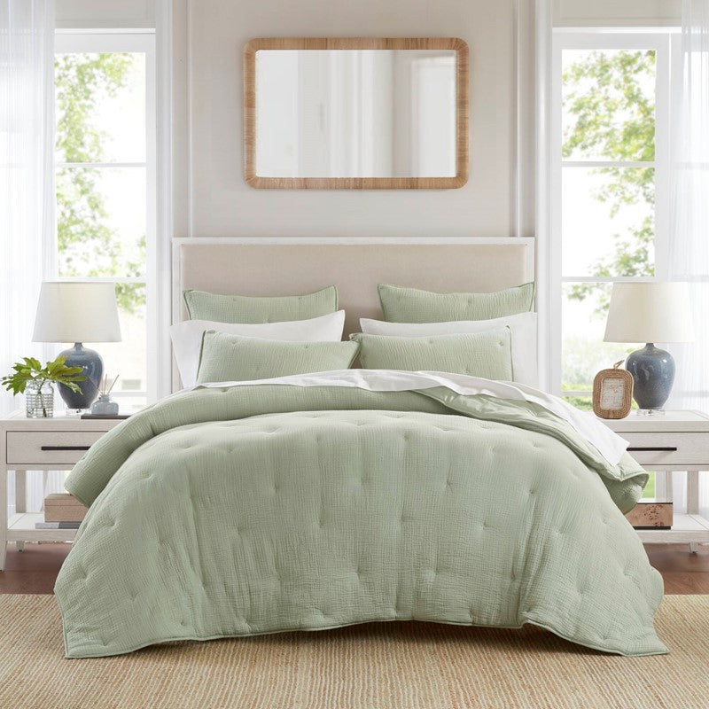 3-Piece King Cotton  Embroidered Quilt Set,Sage