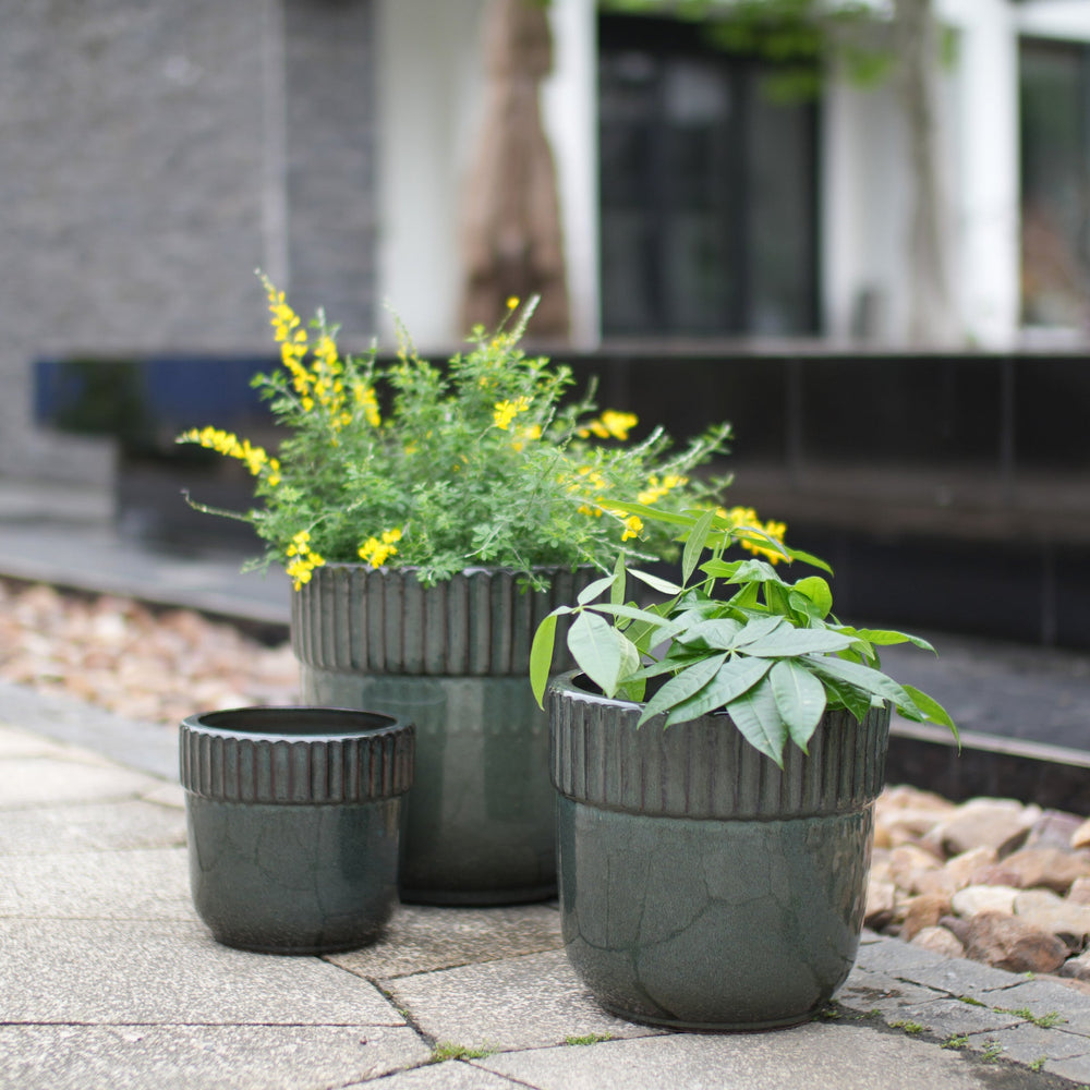 Handmade Ceramic Planter Set of 3, 15/12/9 Inch Diameter, Dark Green Vertical Ribbed Pattern, for Succulents Indoor/Outdoor Use on Windowsill & Bookshelf, Breathable Clay Media 1