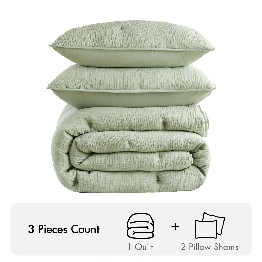 3-Piece King Cotton  Embroidered Quilt Set,Sage Media 6