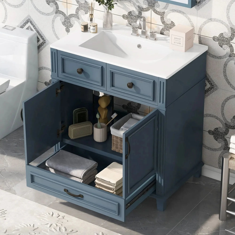Blue Bathroom Vanity Ceramic Sink & Solid Wood Frame Soft Closing Doors Retro Media 2