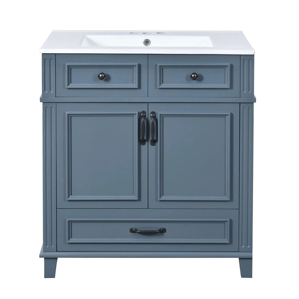 Blue Bathroom Vanity Ceramic Sink & Solid Wood Frame Soft Closing Doors Retro Media 9