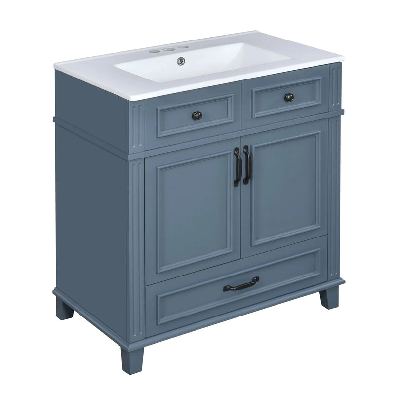 Blue Bathroom Vanity Ceramic Sink & Solid Wood Frame Soft Closing Doors Retro