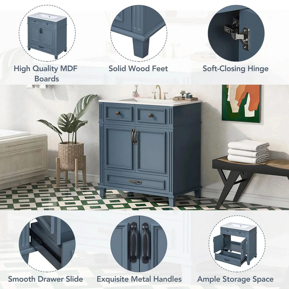 Blue Bathroom Vanity Ceramic Sink & Solid Wood Frame Soft Closing Doors Retro Media 6
