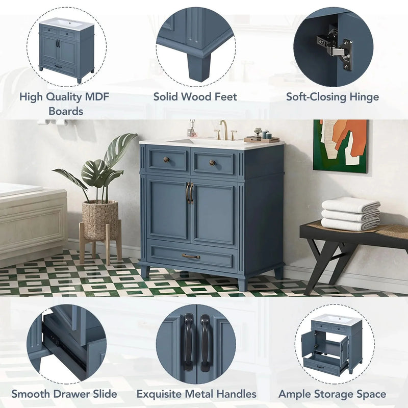 Blue Bathroom Vanity Ceramic Sink & Solid Wood Frame Soft Closing Doors Retro