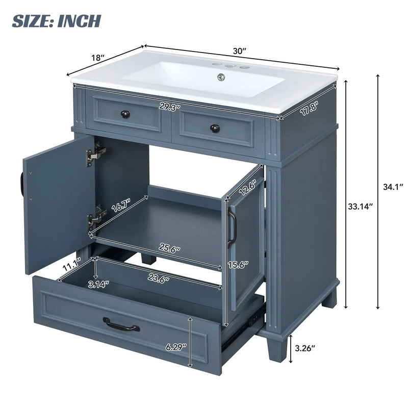 Blue Bathroom Vanity Ceramic Sink & Solid Wood Frame Soft Closing Doors Retro