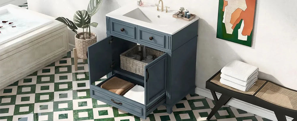 Blue Bathroom Vanity Ceramic Sink & Solid Wood Frame Soft Closing Doors Retro Media 20