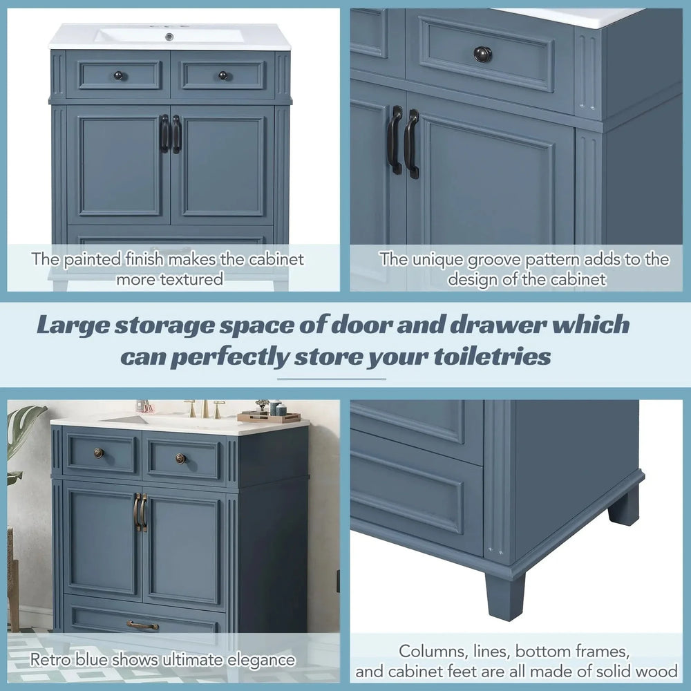 Blue Bathroom Vanity Ceramic Sink & Solid Wood Frame Soft Closing Doors Retro Media 7