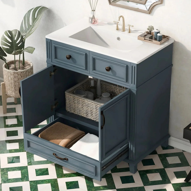 Blue Bathroom Vanity Ceramic Sink & Solid Wood Frame Soft Closing Doors Retro