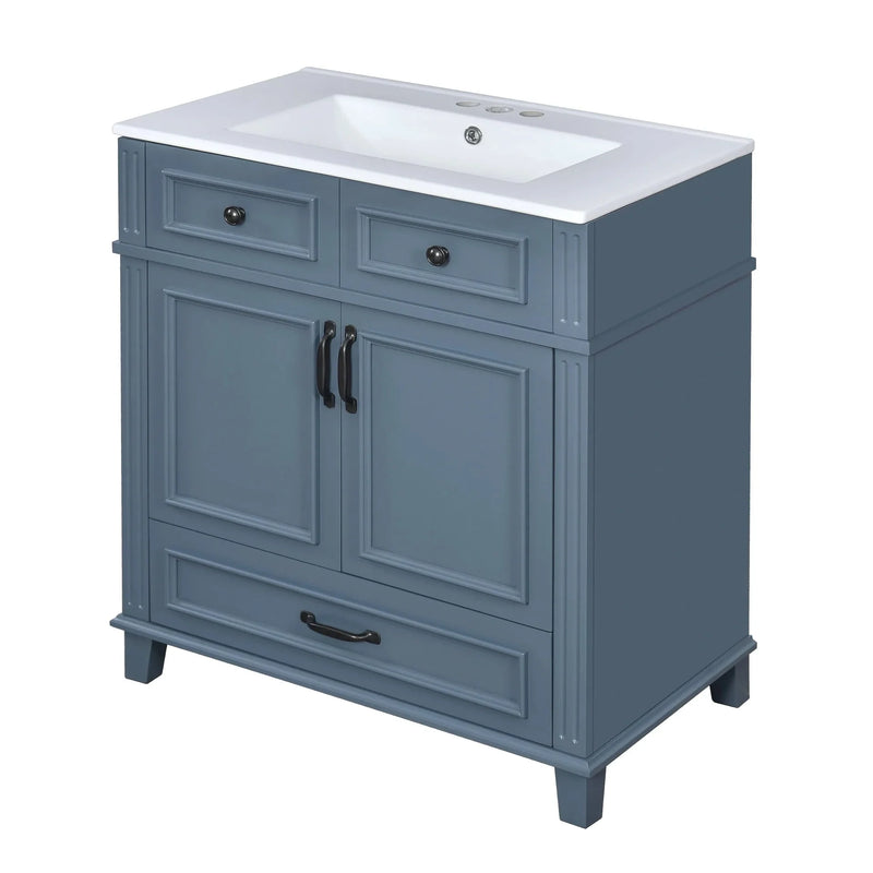 Blue Bathroom Vanity Ceramic Sink & Solid Wood Frame Soft Closing Doors Retro