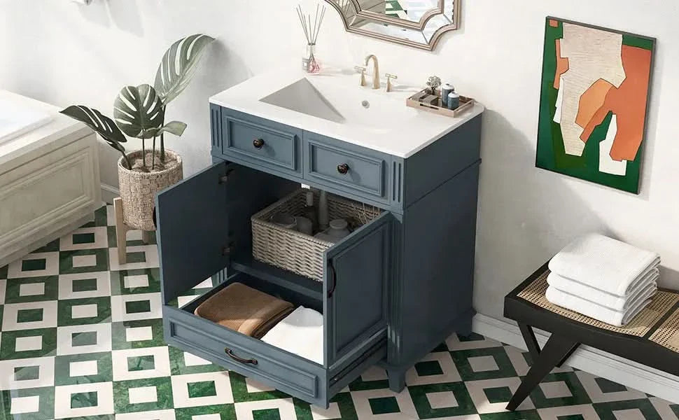 Blue Bathroom Vanity Ceramic Sink & Solid Wood Frame Soft Closing Doors Retro Media 18