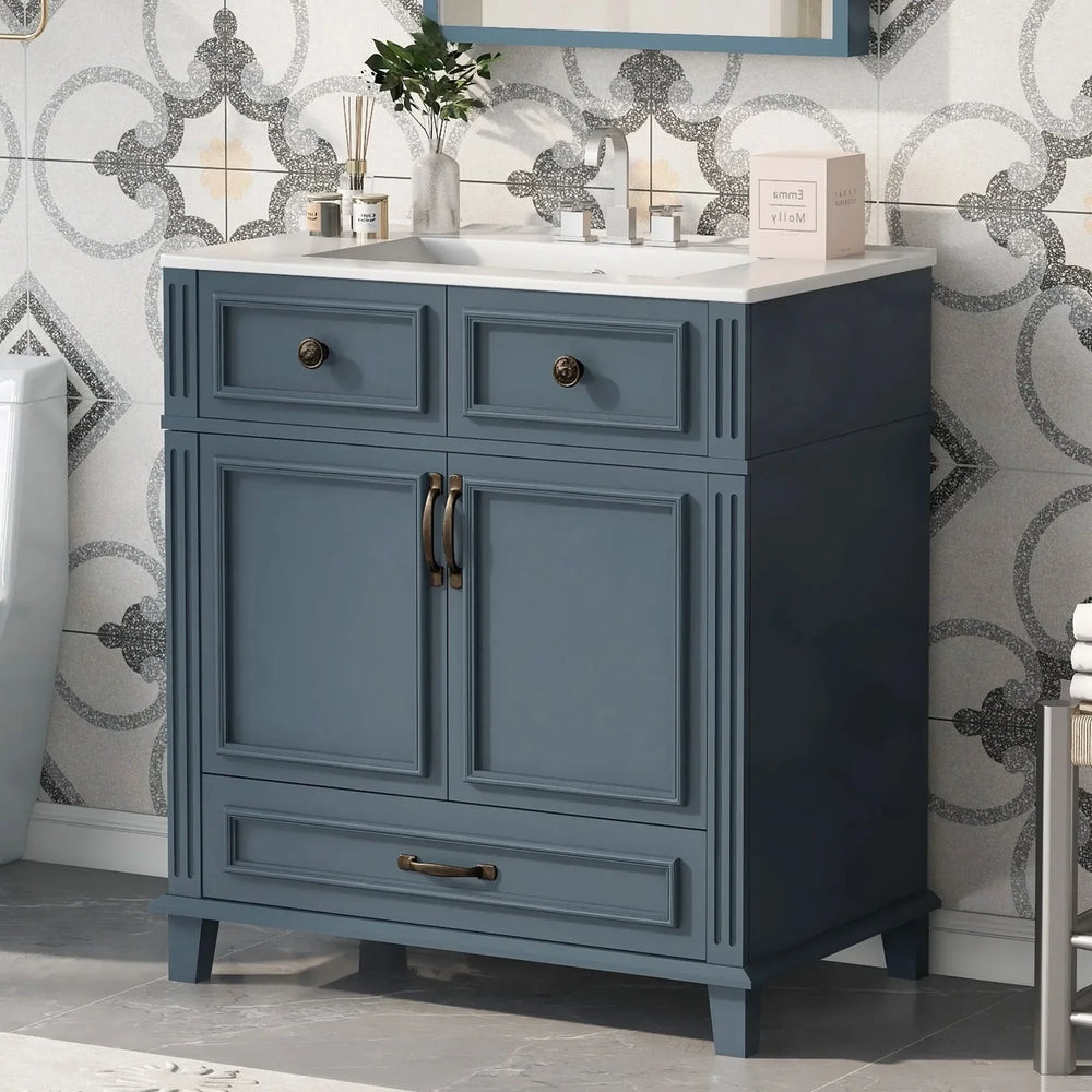 Blue Bathroom Vanity Ceramic Sink & Solid Wood Frame Soft Closing Doors Retro Media 1