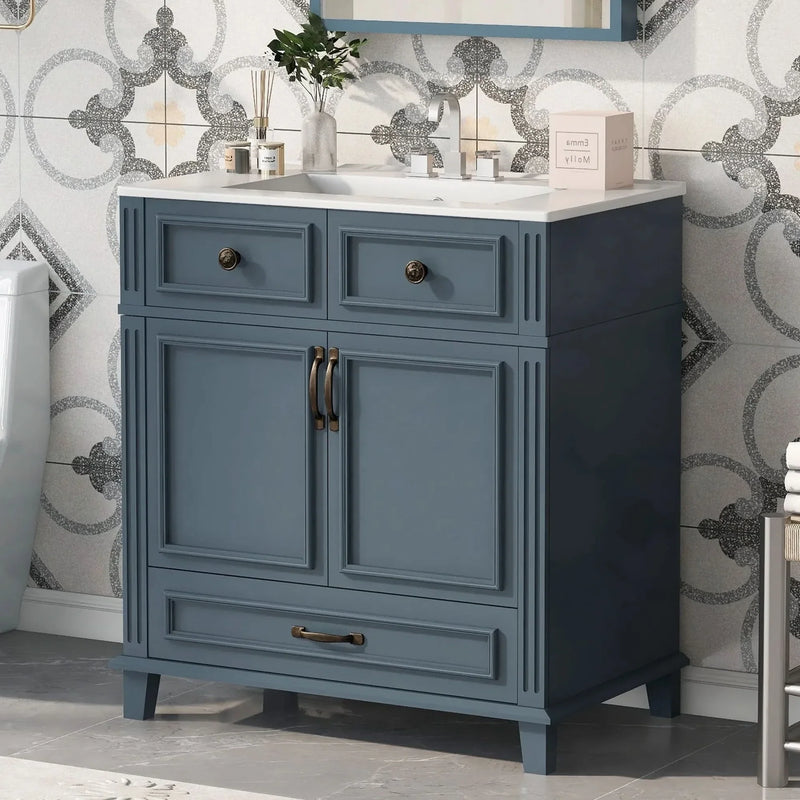 Blue Bathroom Vanity Ceramic Sink & Solid Wood Frame Soft Closing Doors Retro