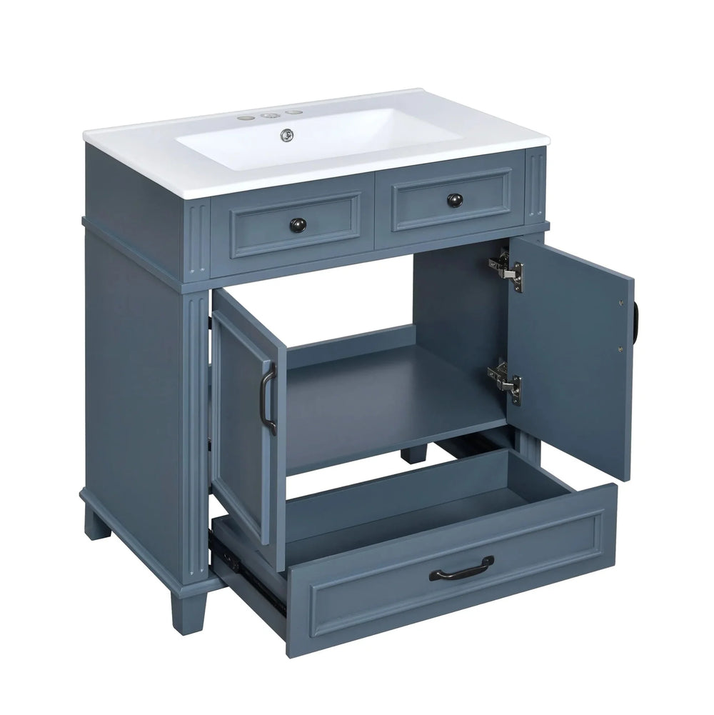 Blue Bathroom Vanity Ceramic Sink & Solid Wood Frame Soft Closing Doors Retro Media 13