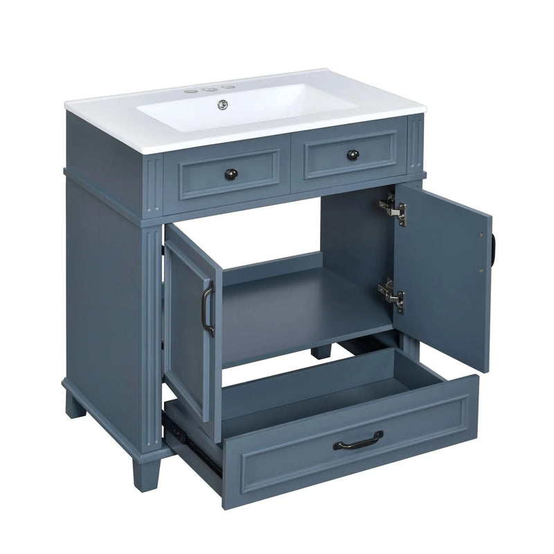 Blue Bathroom Vanity Ceramic Sink & Solid Wood Frame Soft Closing Doors Retro