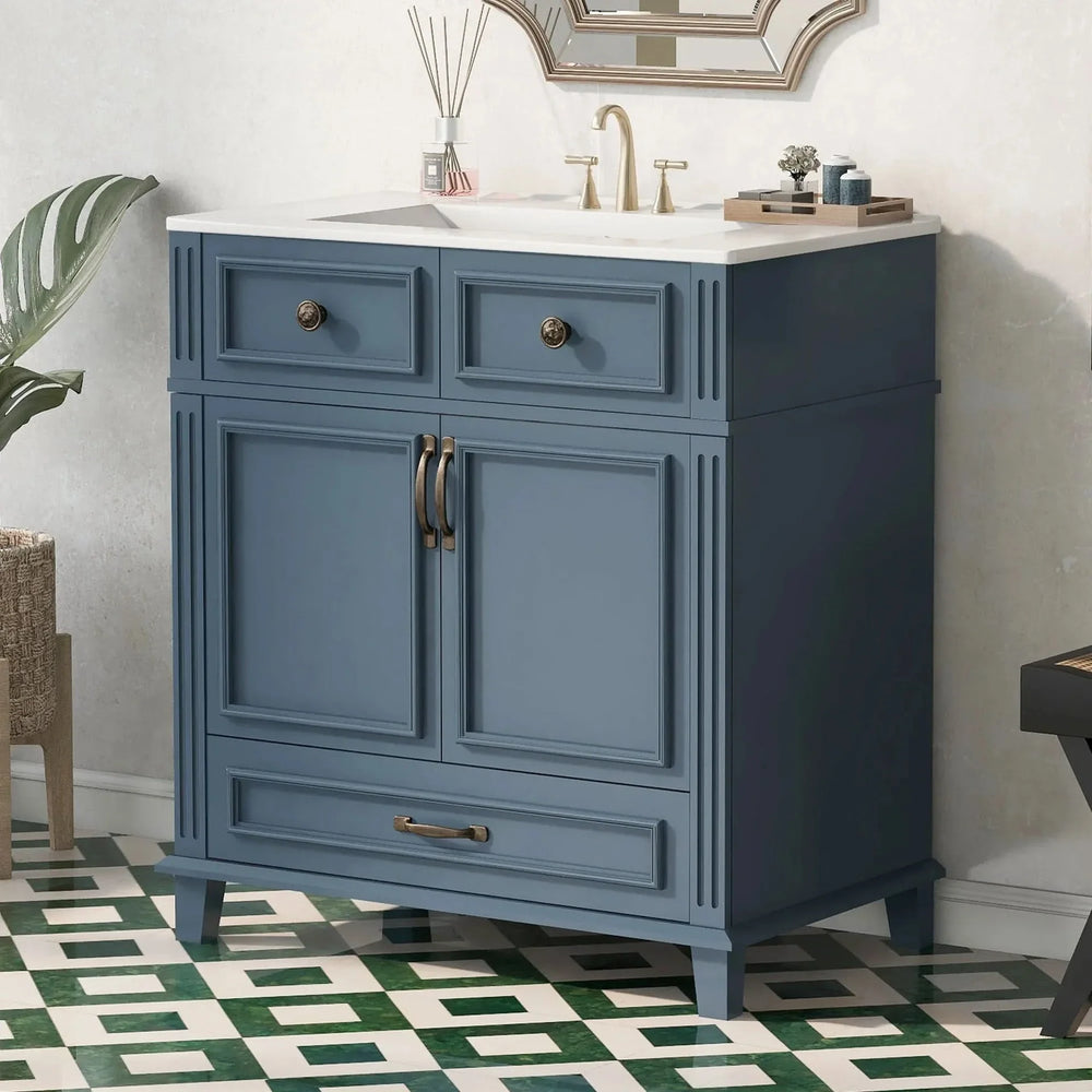 Blue Bathroom Vanity Ceramic Sink & Solid Wood Frame Soft Closing Doors Retro Media 3