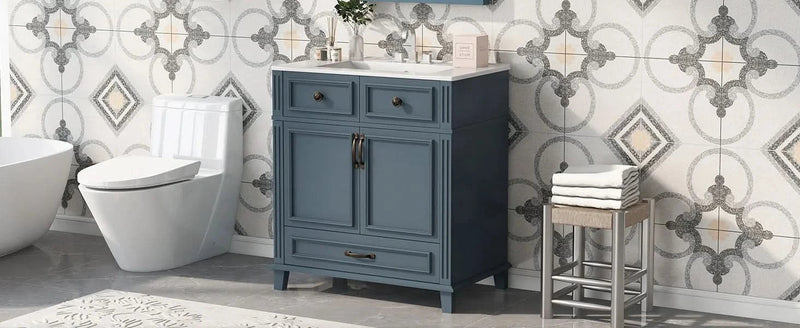 Blue Bathroom Vanity Ceramic Sink & Solid Wood Frame Soft Closing Doors Retro