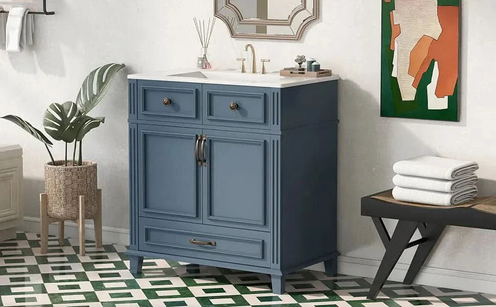 Blue Bathroom Vanity Ceramic Sink & Solid Wood Frame Soft Closing Doors Retro Media 15