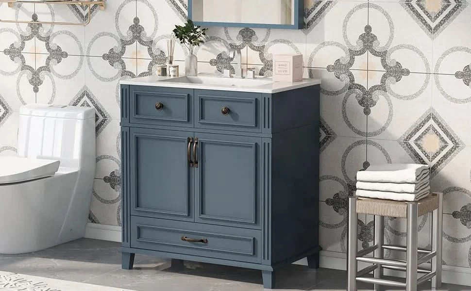 Blue Bathroom Vanity Ceramic Sink & Solid Wood Frame Soft Closing Doors Retro Media 17