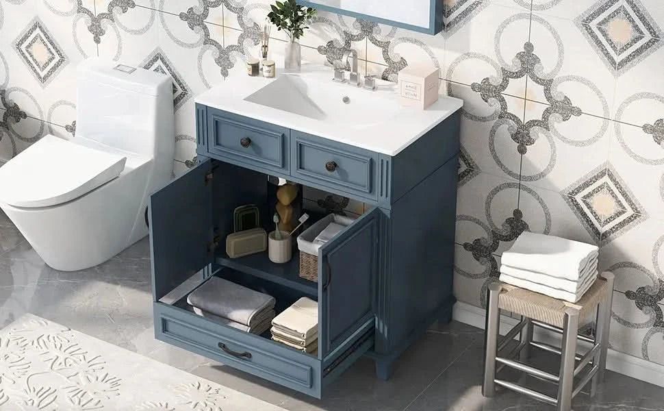 Blue Bathroom Vanity Ceramic Sink & Solid Wood Frame Soft Closing Doors Retro Media 19