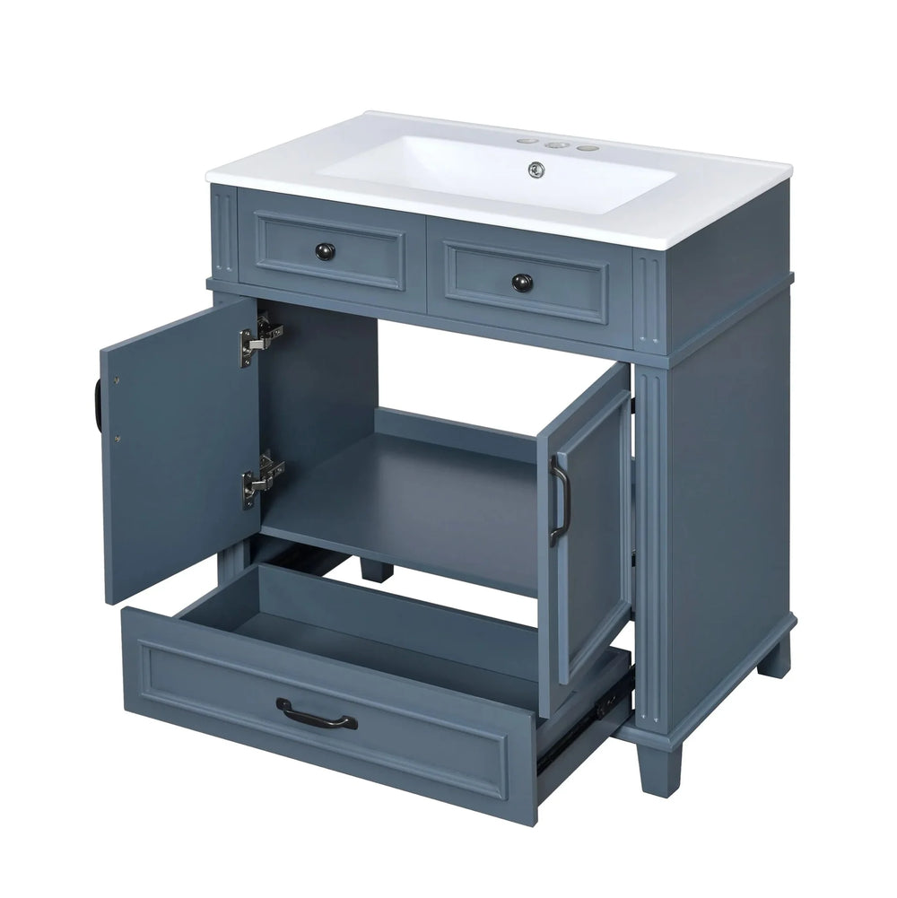 Blue Bathroom Vanity Ceramic Sink & Solid Wood Frame Soft Closing Doors Retro Media 12