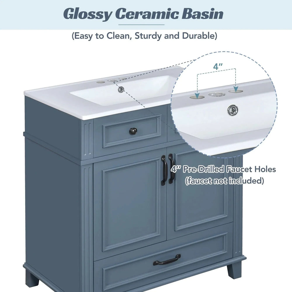 Blue Bathroom Vanity Ceramic Sink & Solid Wood Frame Soft Closing Doors Retro Media 5