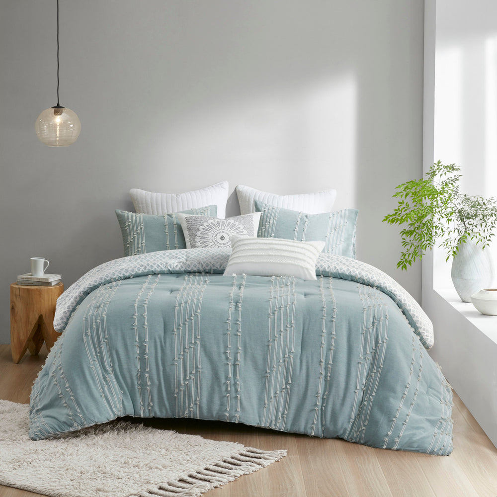 3 Piece Cotton Jacquard Comforter Set Aqua Full/Queen Media 18