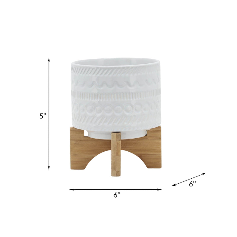 5' TRIBAL PLANTER W/ WOOD STAND, WHITE