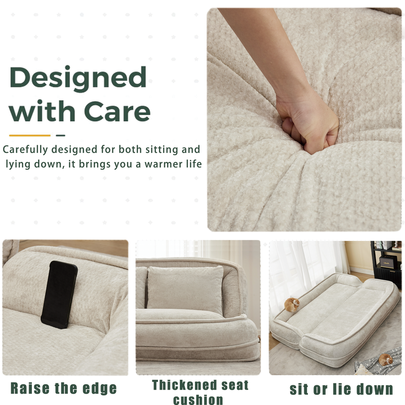 Pet Sofa Bed Chenille 2-In-1 Lounge Couch With 5 Adjustable Positions For People & Pets Beige