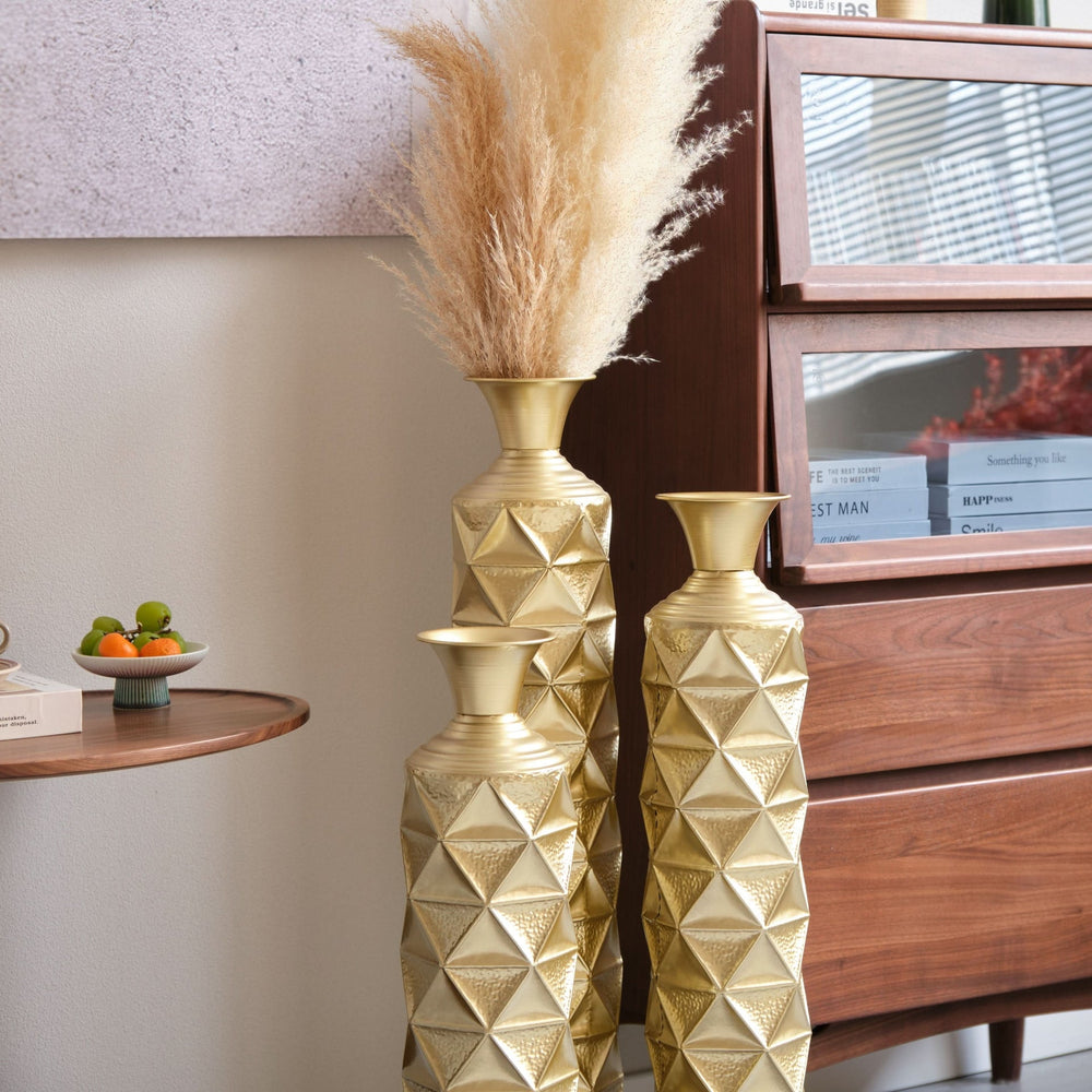 Metal Decorative Vase High Distress Metal Center Vase With 3D Triangle Pattern, Set Of 3 Vases for Home Decoration 33.5', 29.5', 25.2'High, Gold Media 9