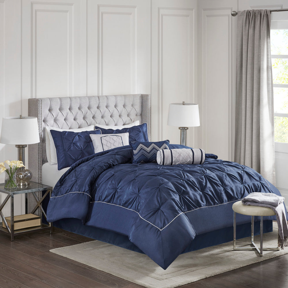 7 Piece Tufted Comforter Set Navy King Media 1