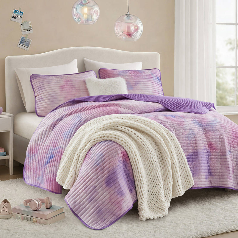 4 Pieces Full/Queen Watercolor Tie Dye Printed Quilt Set with Throw Pillow,Purple