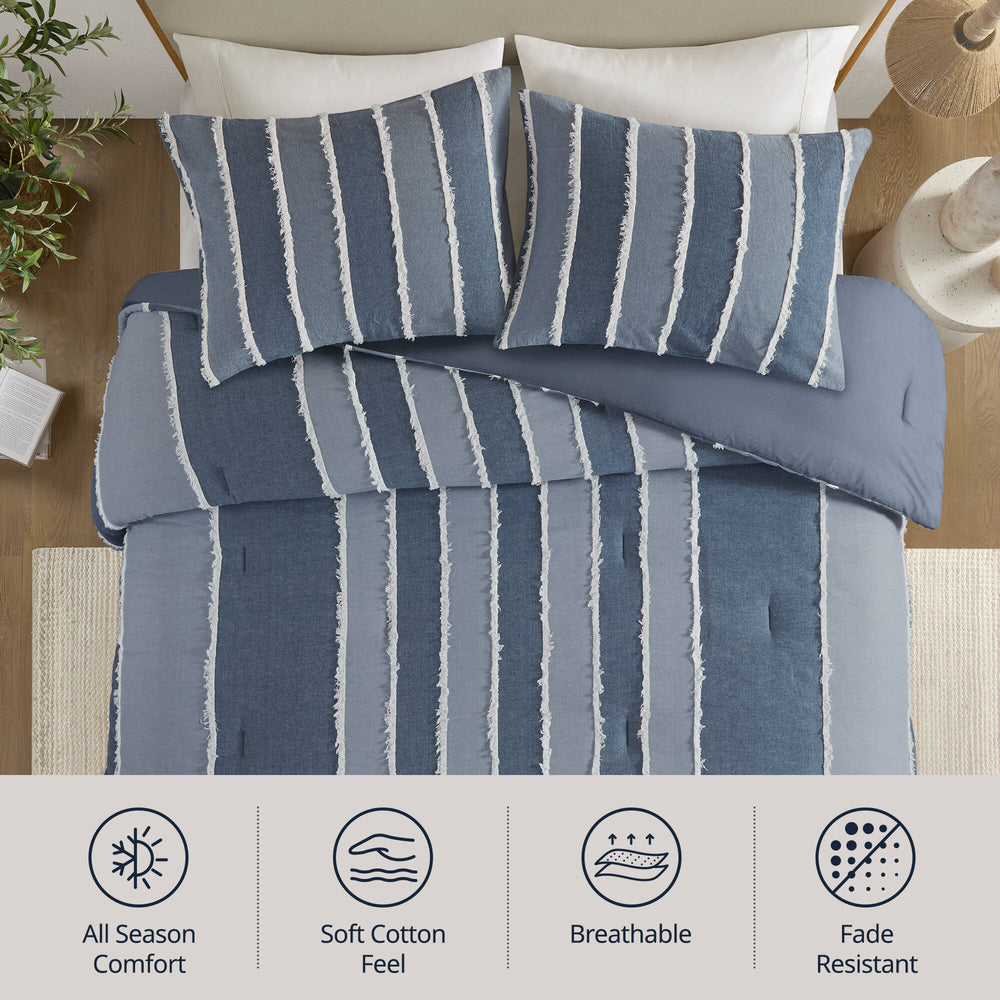 3 Pieces King/Cal King Striped Cotton Comforter Set,Blue Media 9