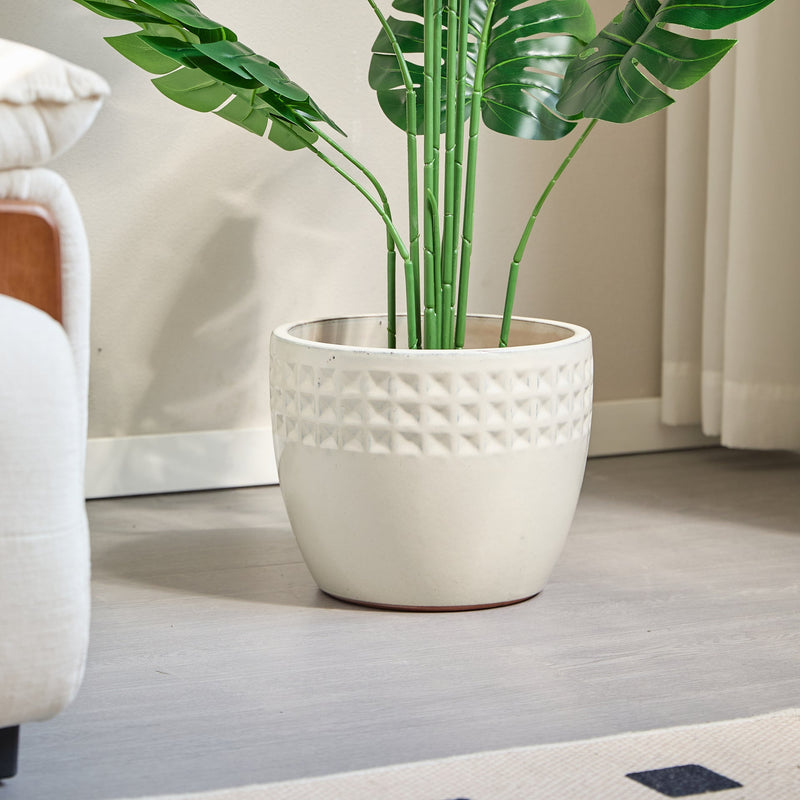Handmade Ceramic Flower Pot Set of 3, 15/12/9 Inch Diameter, White Diamond Pattern, for Succulents Indoor/Outdoor Use on Windowsill & Bookshelf, Breathable Clay