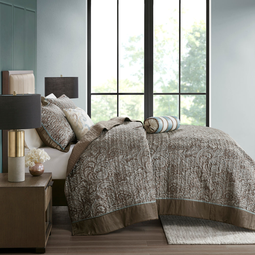 5 Piece Jacquard Bedspread Set with Throw Pillows Blue/Brown Queen Media 12