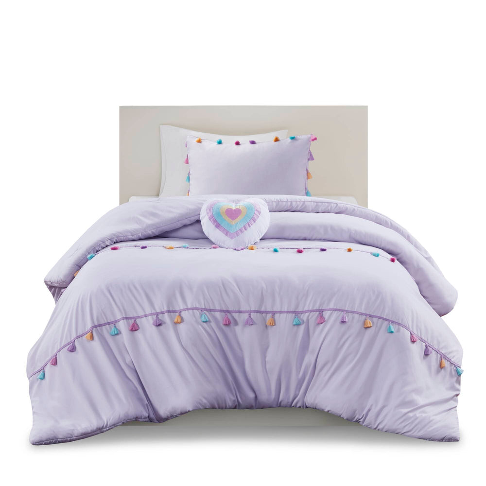 Tassel Comforter Set with Heart Shaped Throw Pillow Full/Queen Media 8