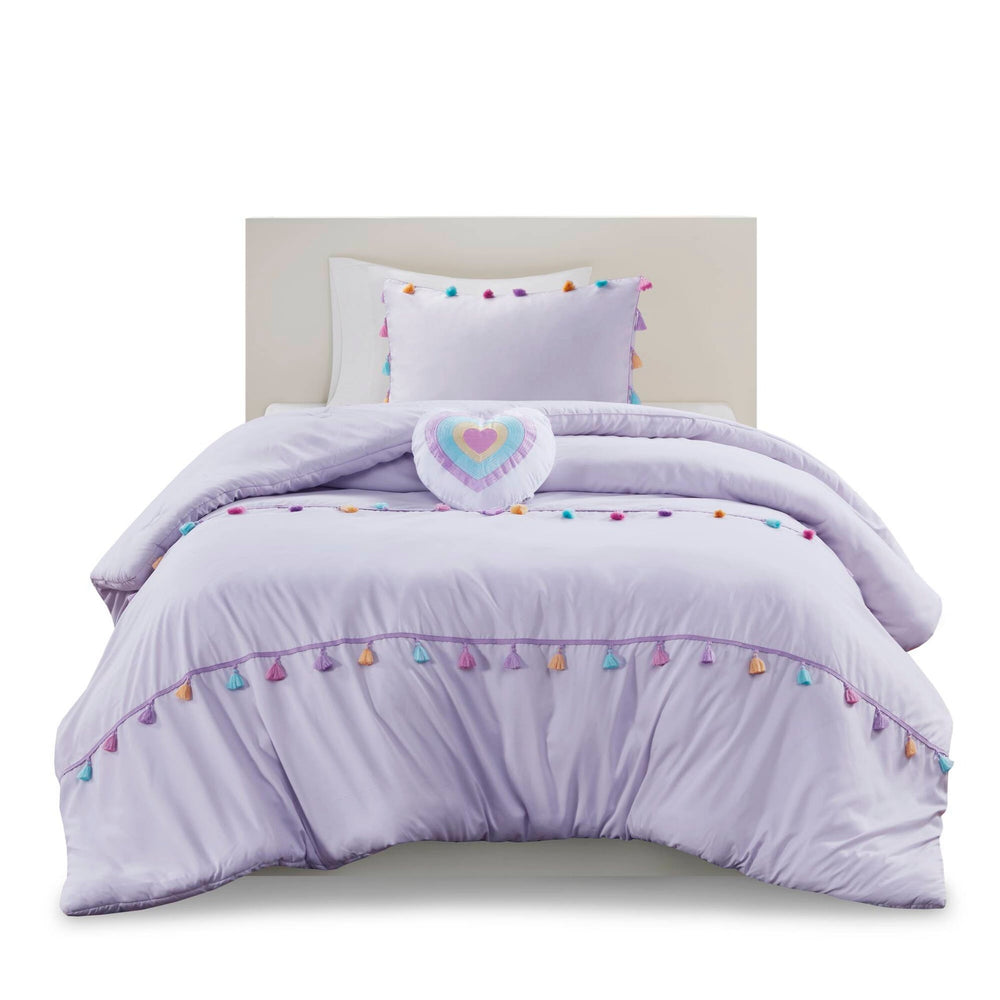 Tassel Comforter Set with Heart Shaped Throw Pillow Full/Queen Media 8
