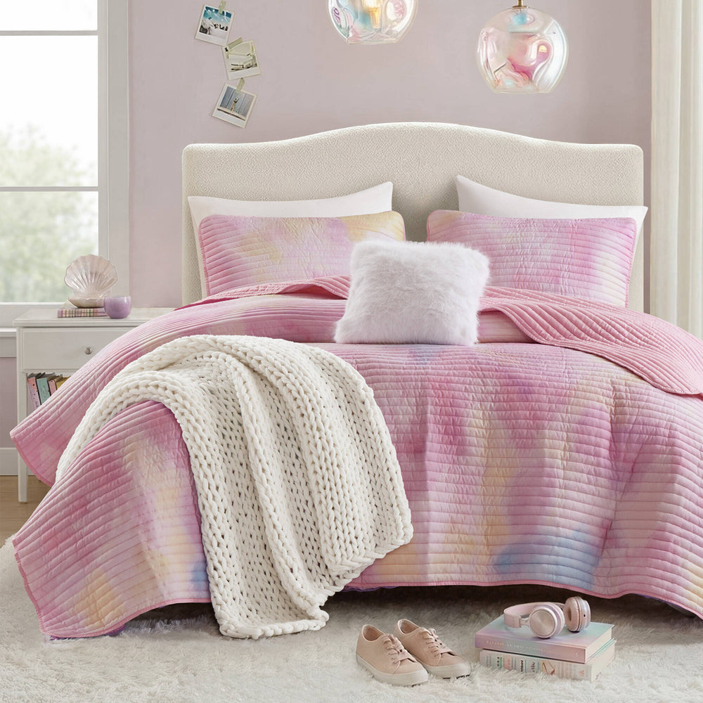 4 Pieces Full/Queen Watercolor Tie Dye Printed Quilt Set with Throw Pillow,Pink Media 1