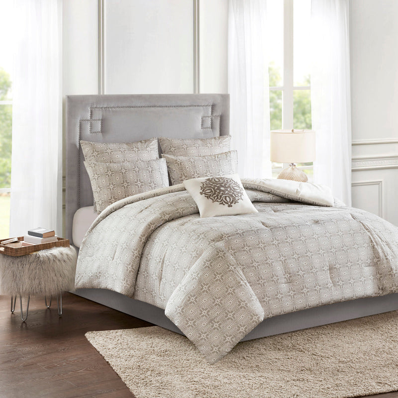 6 Piece Embroidered Cotton Reversible Comforter Set Ivory Full/Queen