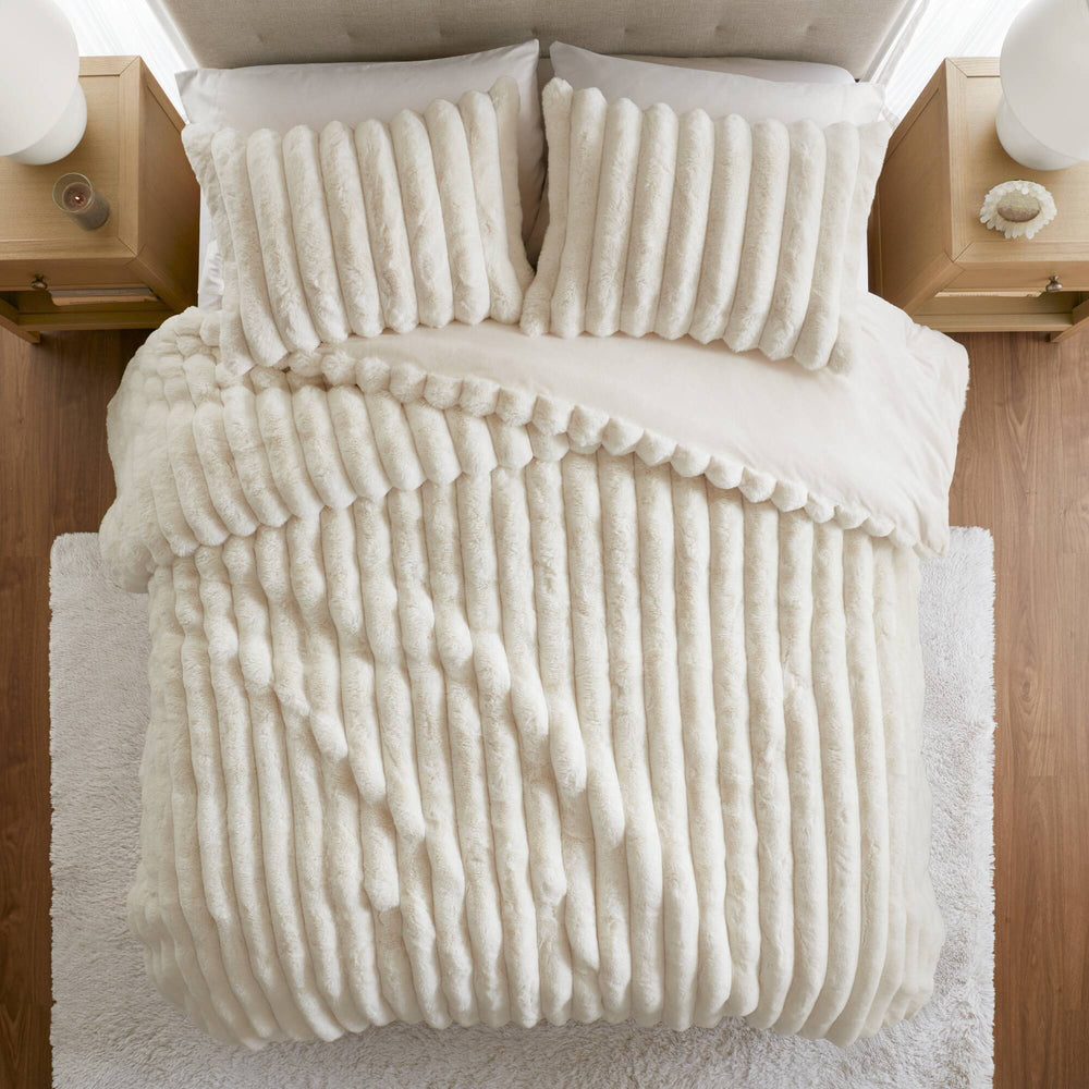 3-Piece Full/Queen  soft Faux Fur Ribbed Comforter Set,Ivory Media 19