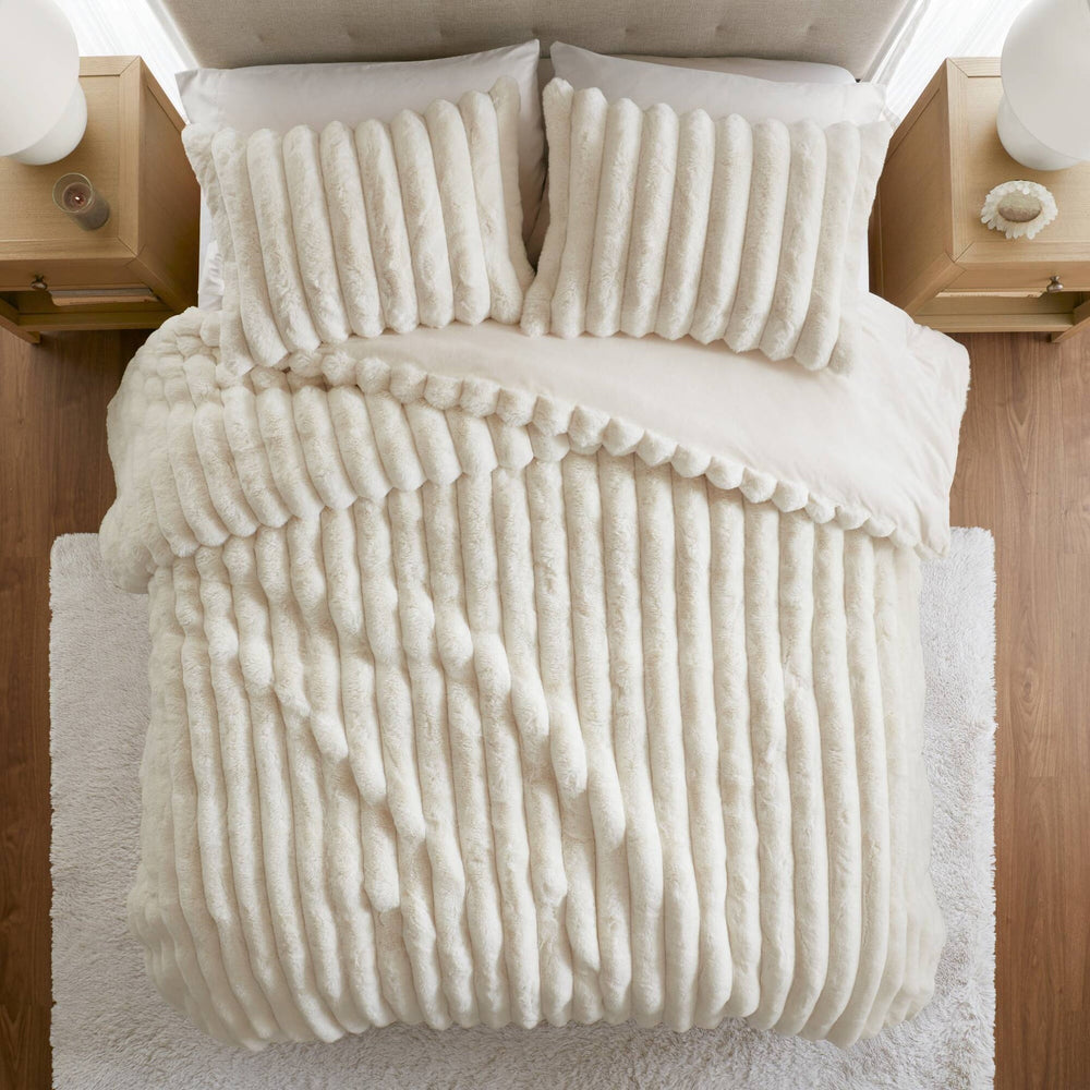 3-Piece King  soft Faux Fur Ribbed Comforter Set,Ivory Media 19